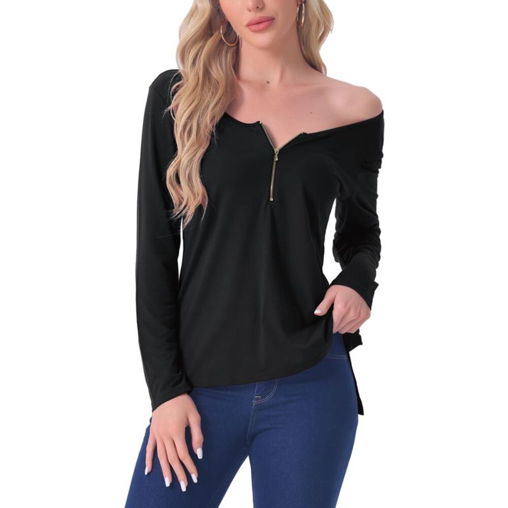 Long Sleeves Tees Shirts Zipper Up Pullover Solid Round Neck Pajama Black